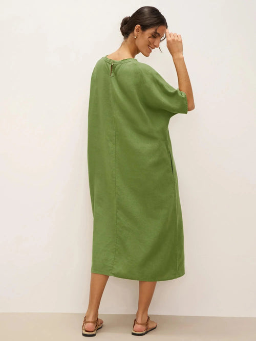 Vestido midi LORETTA de lino 100 % de corte A y talla grande con cinturón, se puede llevar de varias formas
