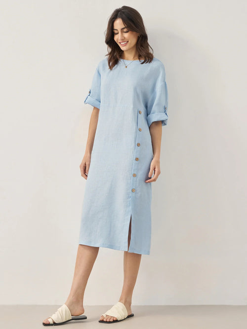 Vestido midi JELENA 100% lino con cuello redondo y detalle de botones