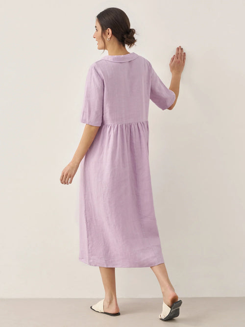 Vestido largo plisado SUSAN con cuello en V de lino 100%