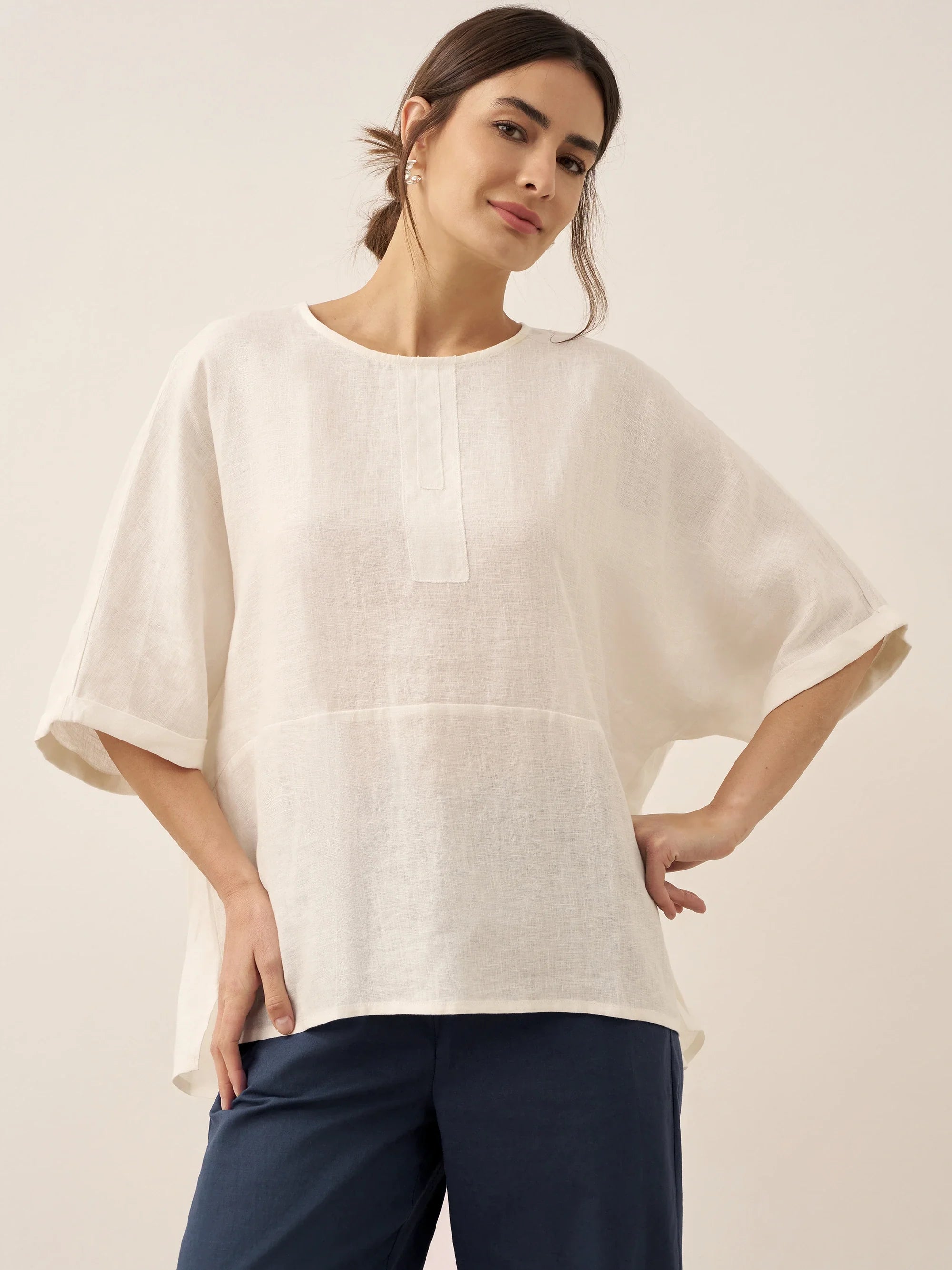 100% Linen Round Neck Mid-Sleeve Top ROBYN