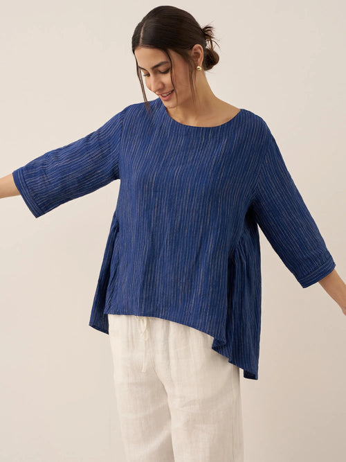 Top FLORENCE de lino 100% con cuello redondo y rayas artísticas