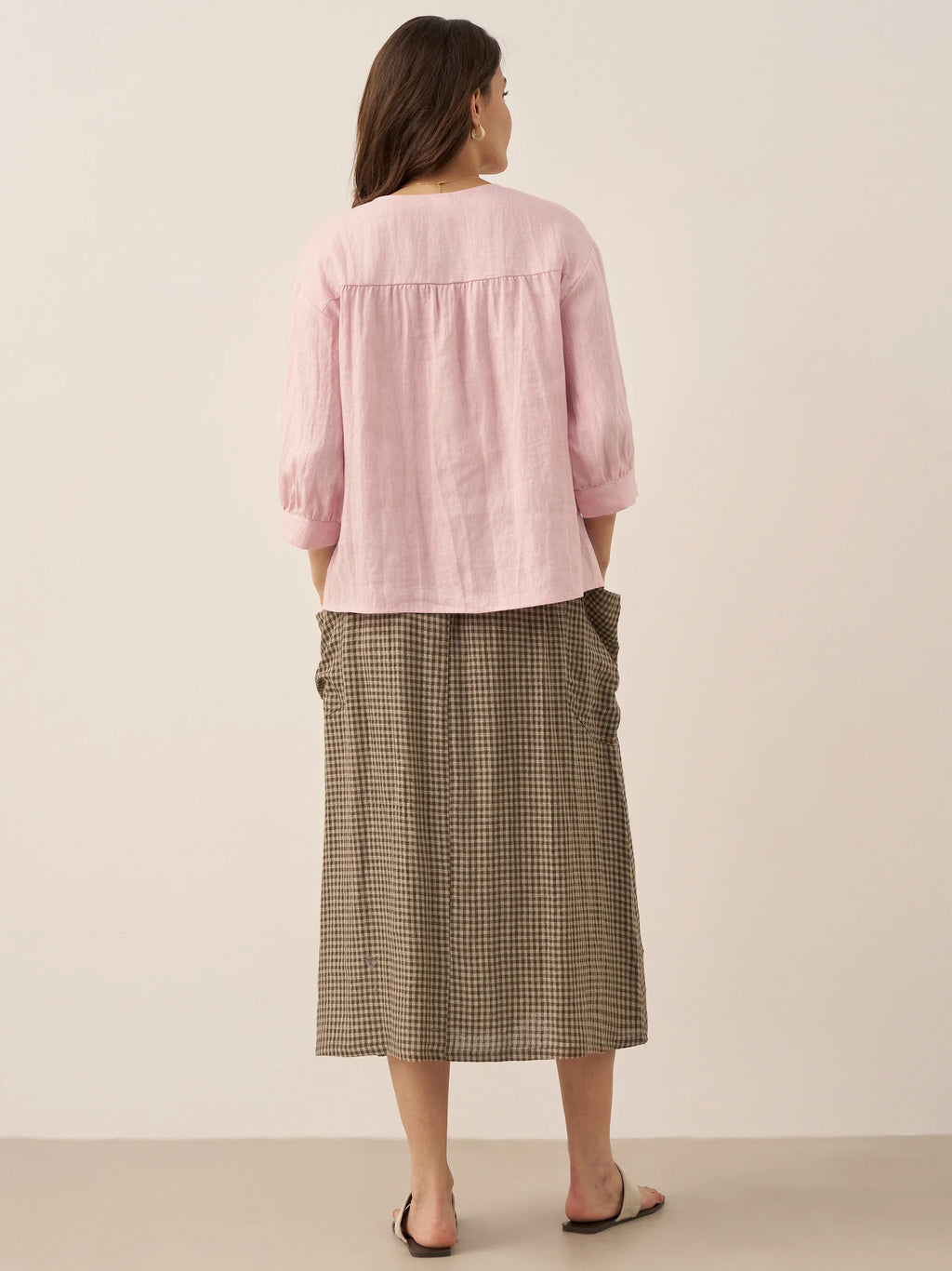 Linen Checked Elastic Waist Skirt ONYX