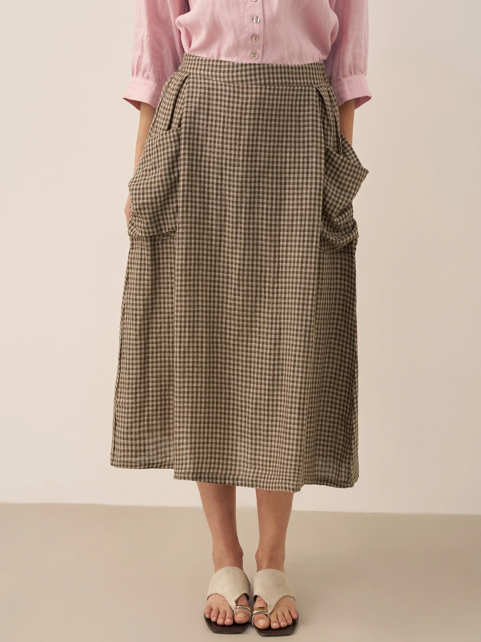 Linen Checked Elastic Waist Skirt ONYX