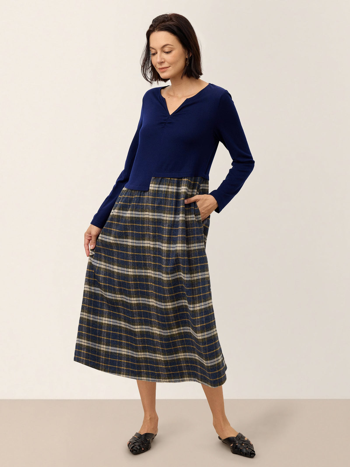 Wool Contrast Check Pleated Waist Midi Dress VALORA