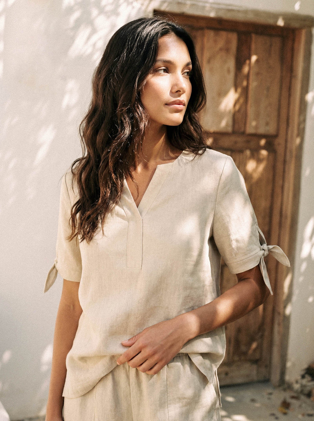 100% Linen Tie Cuff Notched V-Neck Top LORAN