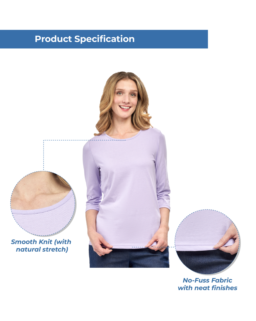 Women's 3/4 Sleeve Crew Neck Top — Comfortable Jersey Knit