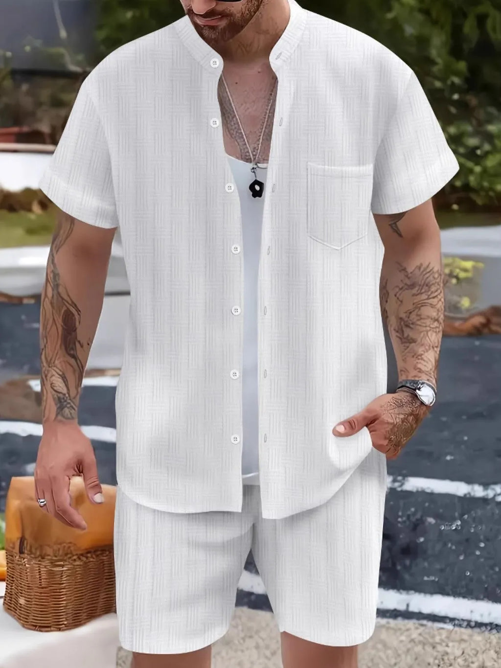 Men's Button Up Short Sleeve Shirt and Shorts Set