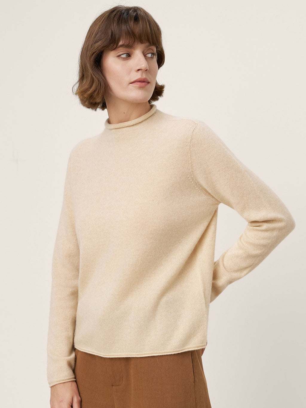 Premium Cashmere Blend Hand-Finished Seamless Mock Neck Lettuce Edge Sweater ZELIE