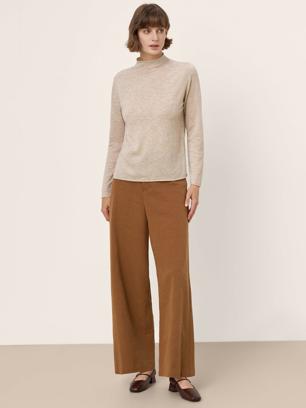 100% Extra-Fine Merino Wool Mock Neck Sweater with Rolled Edge ELA