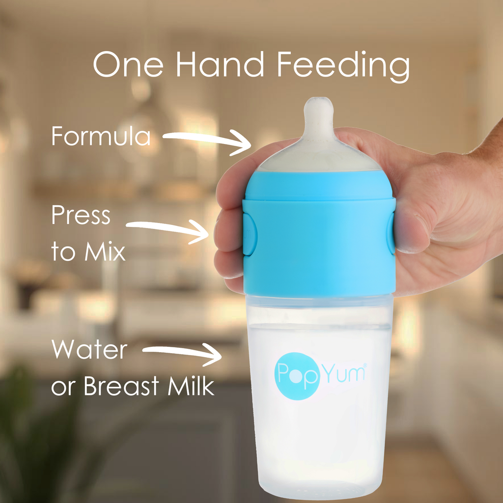 PopYum 9 oz Blue Formula Making Baby Bottle 3-Pack with Gray Drying Rack Bundle