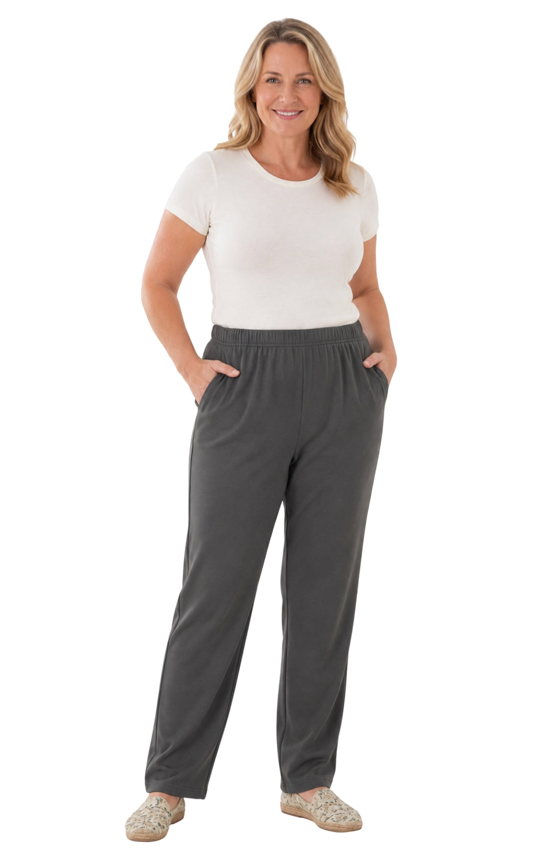 Women's Pull-On Flat Front Knit Pants — Cotton Blend Elastic Waist