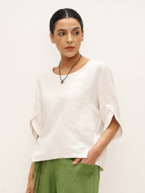 Jersey de cuello redondo con mangas de pétalo 100% lino LAUREL
