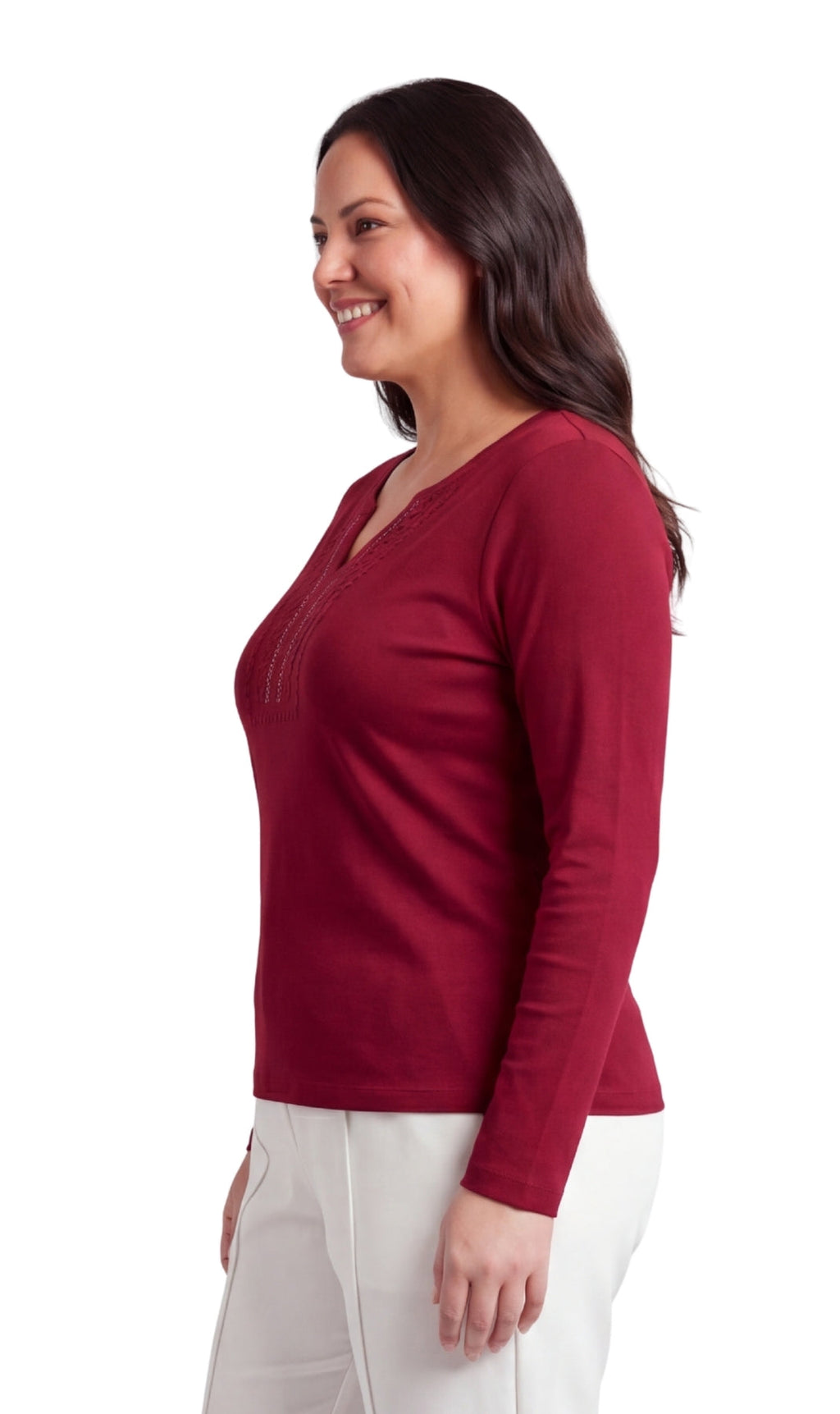 Women's Open Crochet V-Neck Knit Top with Jewel Trim