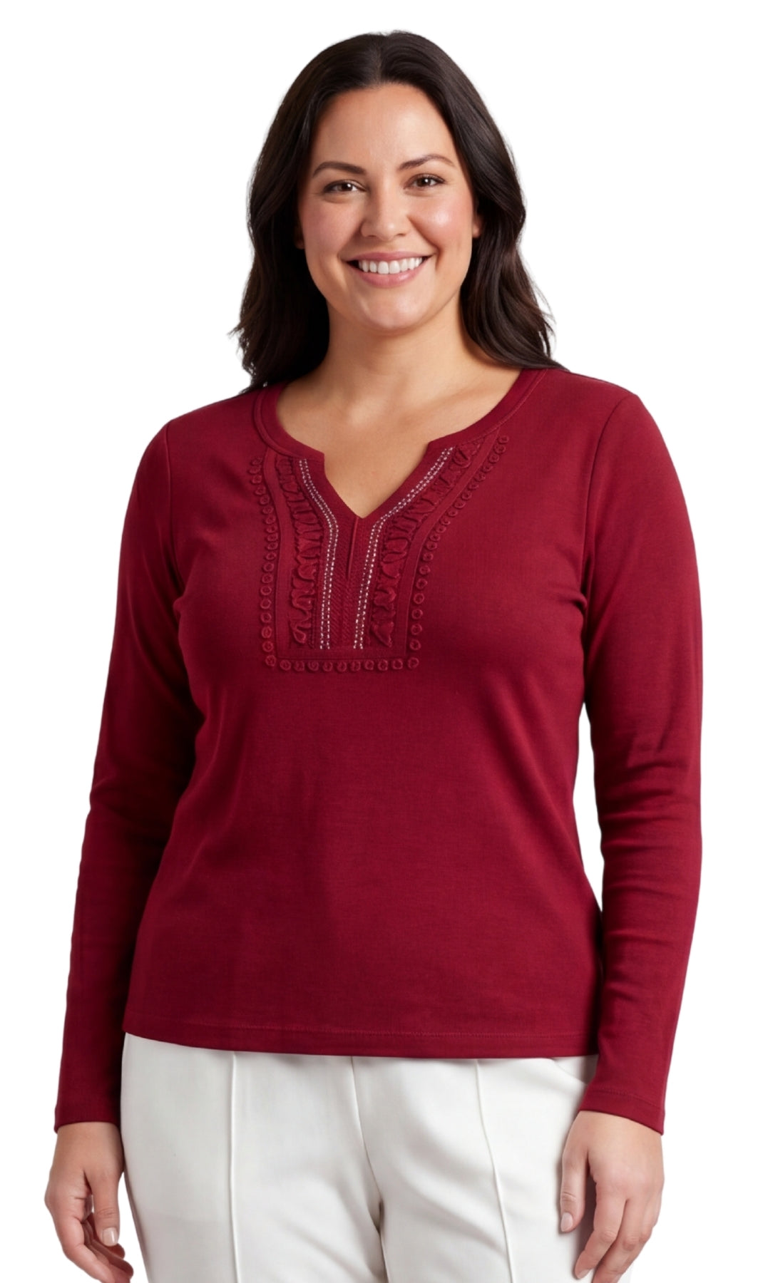 Women's Open Crochet V-Neck Knit Top with Jewel Trim
