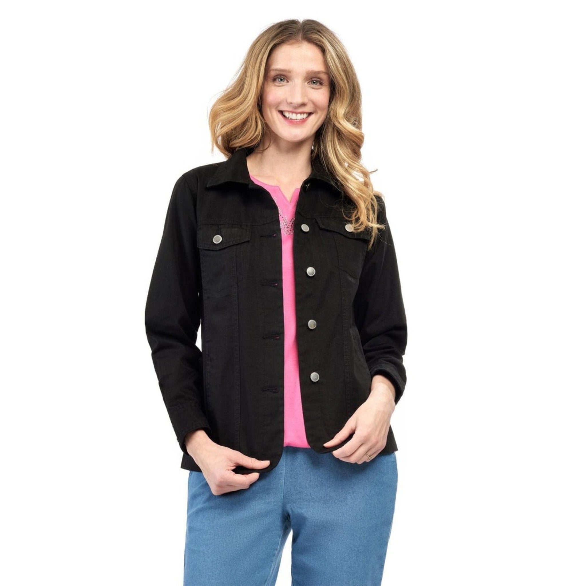 Women's Button Front Brushed Twill Jacket with Collar and Patch Pockets