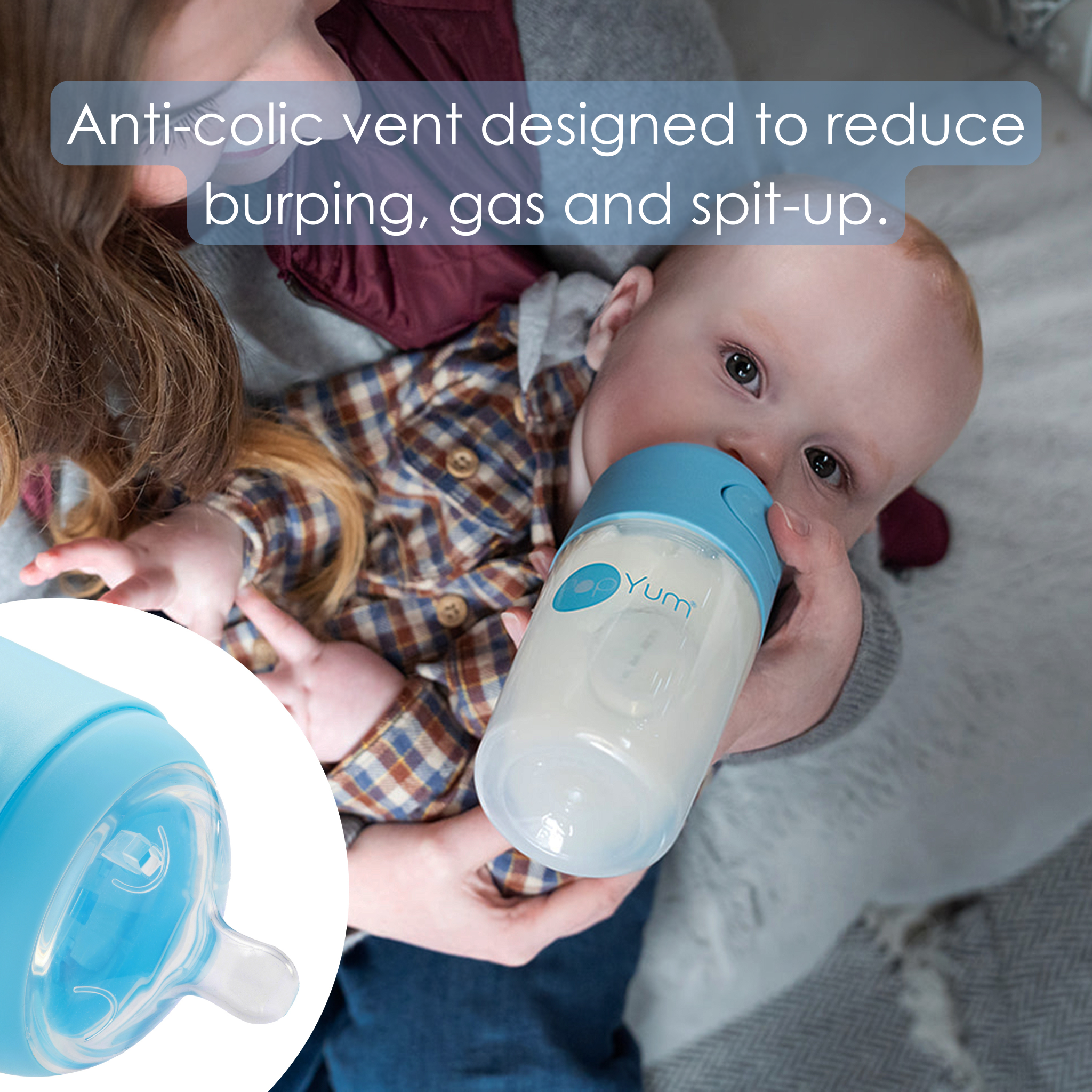 PopYum Blue Baby Bottle 4-Pack Set with Gray Drying Rack & Clear Drying Mat Bundle