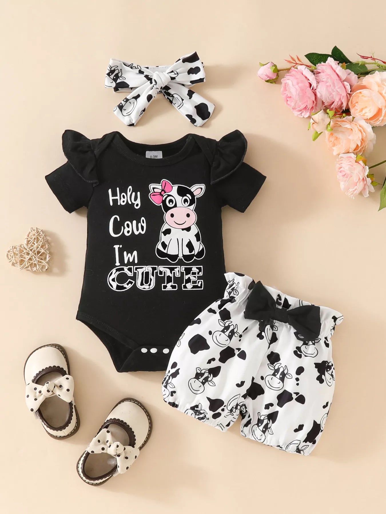Children's Ruffled Cow Bodysuit and Shorts Set with Headband