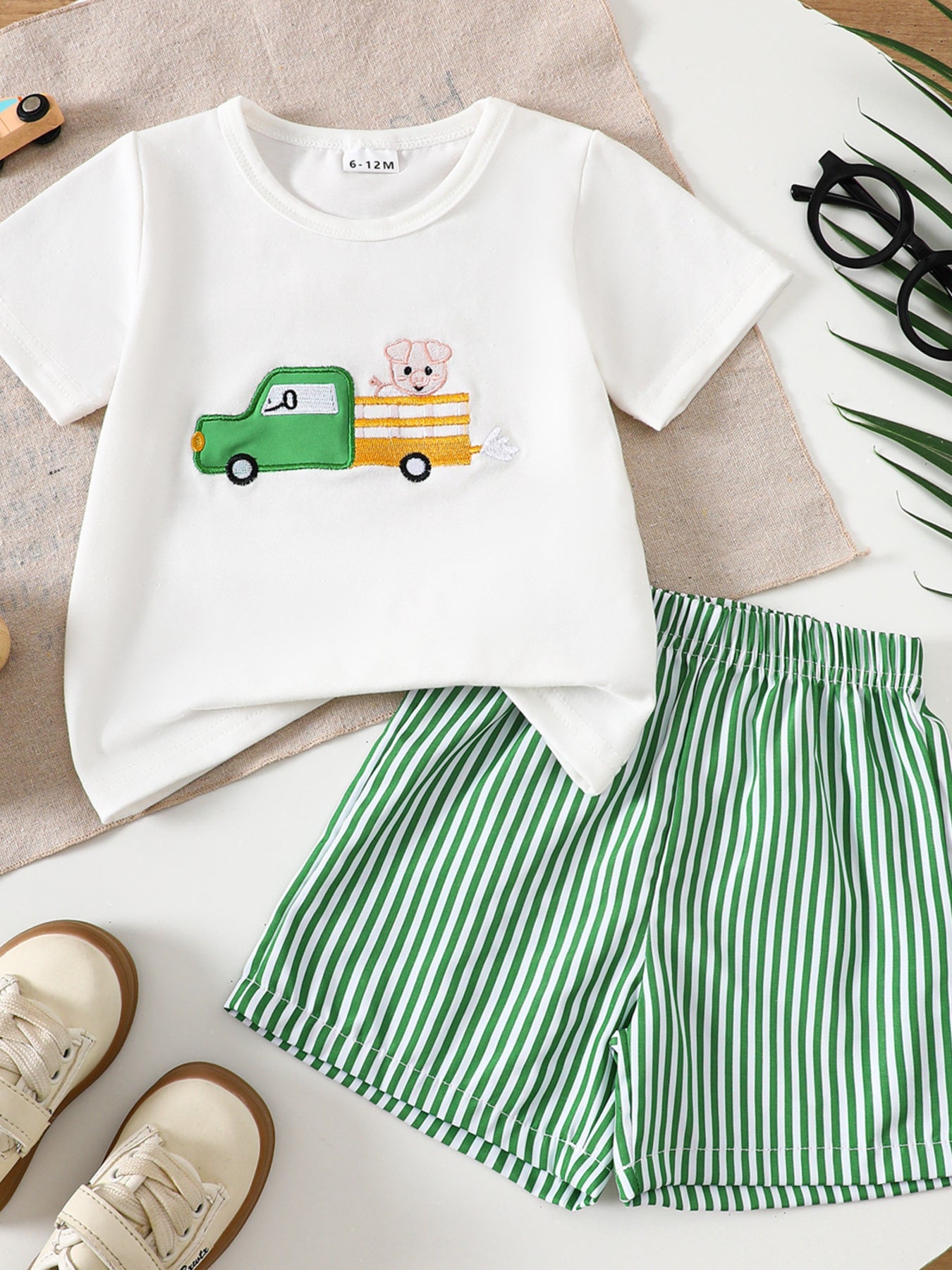 Children's Cartoon Tractor Embroidered Tee and Shorts Set