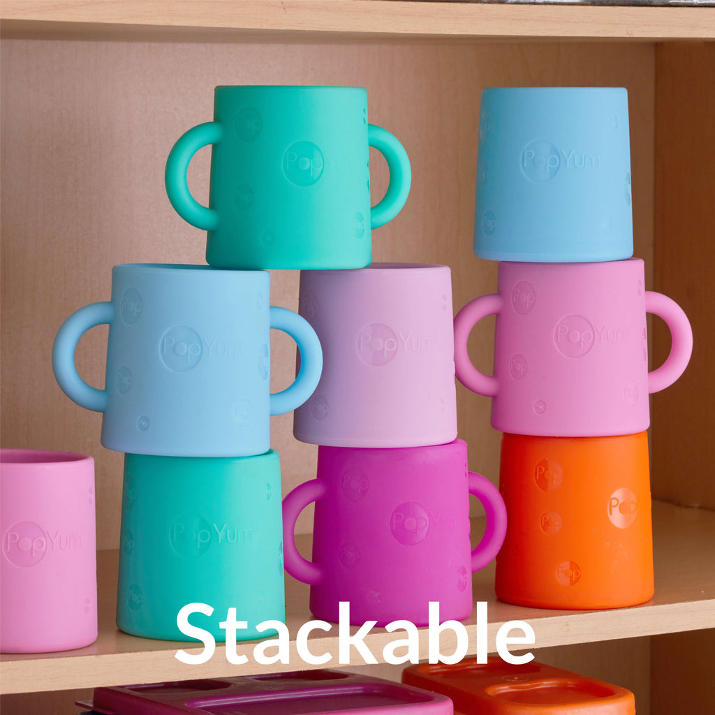PopYum Silicone Training Cup 2-Pack for Baby and Toddler, handles, BPA Free, self feeding training, tumbler (electric purple and orchid pink)