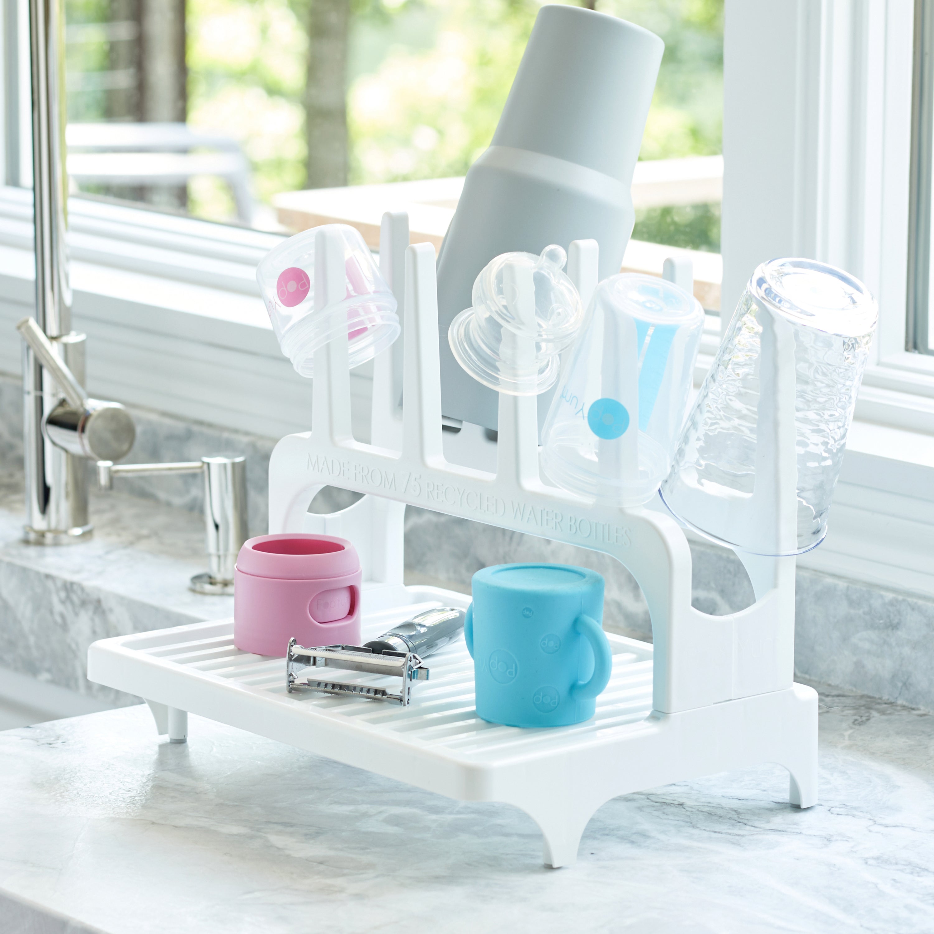 PopYum 9 oz Blue Formula Making Baby Bottle 3-Pack with White Drying Rack Bundle