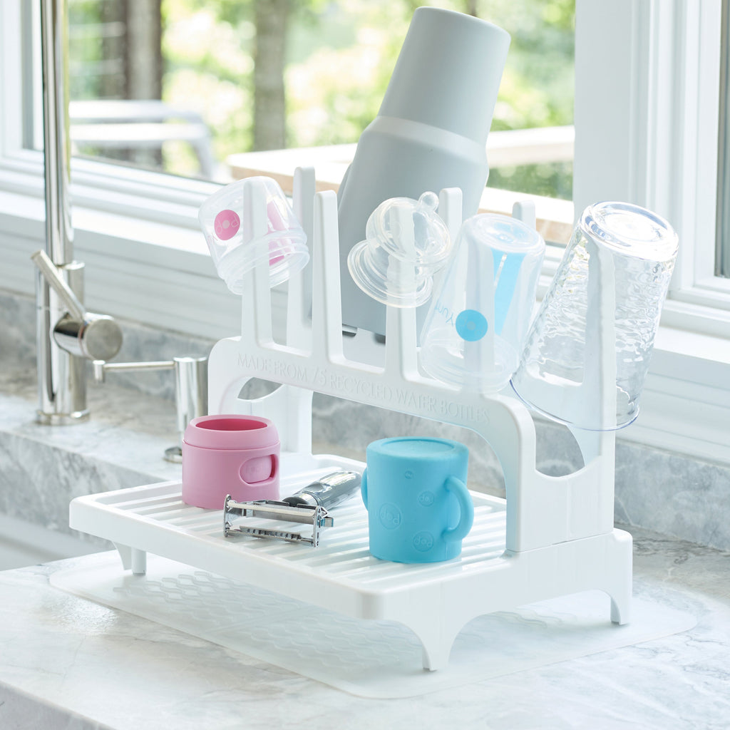 PopYum Blue Baby Bottle 4-Pack Set with White Drying Rack & Clear Drying Mat Bundle