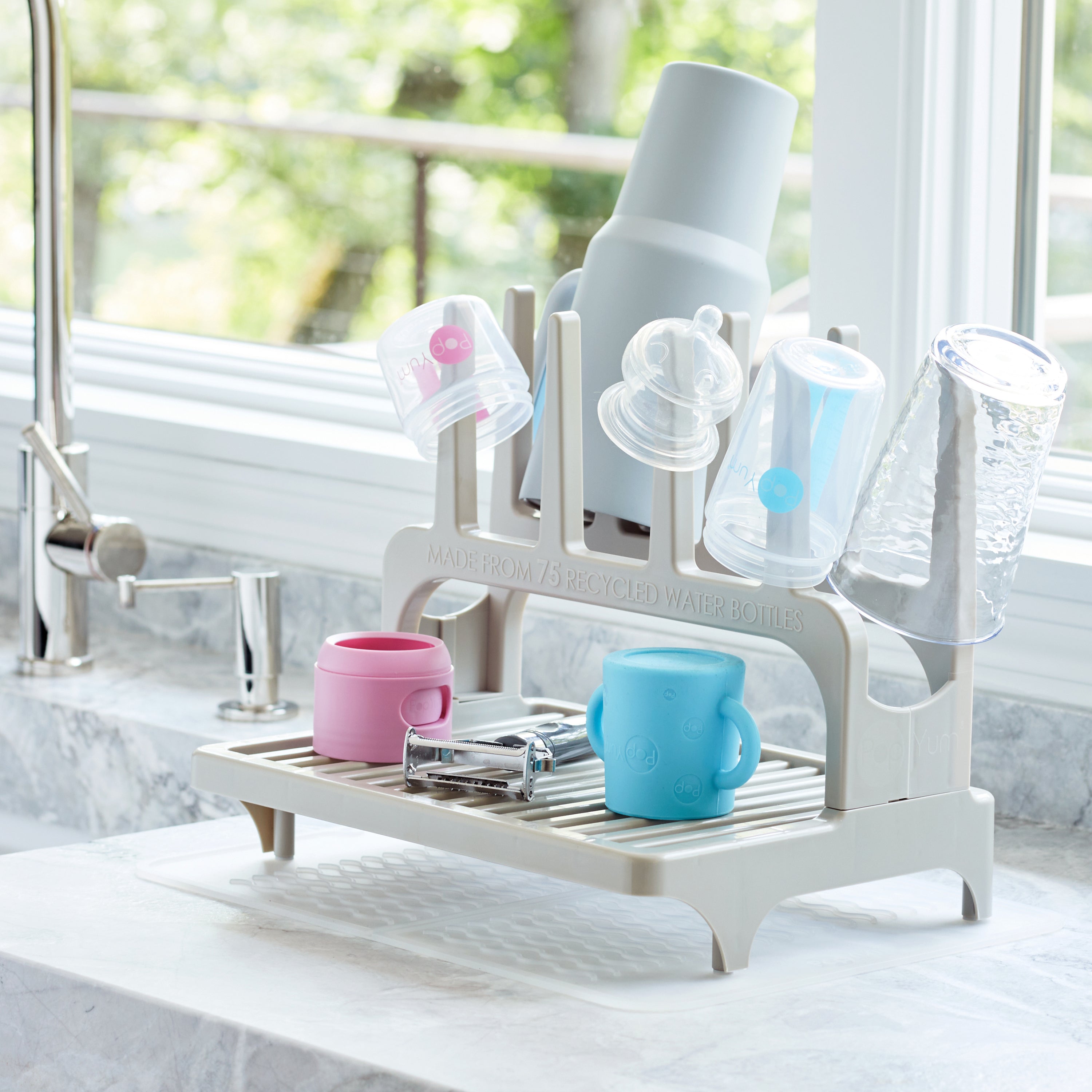 PopYum Blue Baby Bottle 4-Pack Set with Gray Drying Rack & Clear Drying Mat Bundle