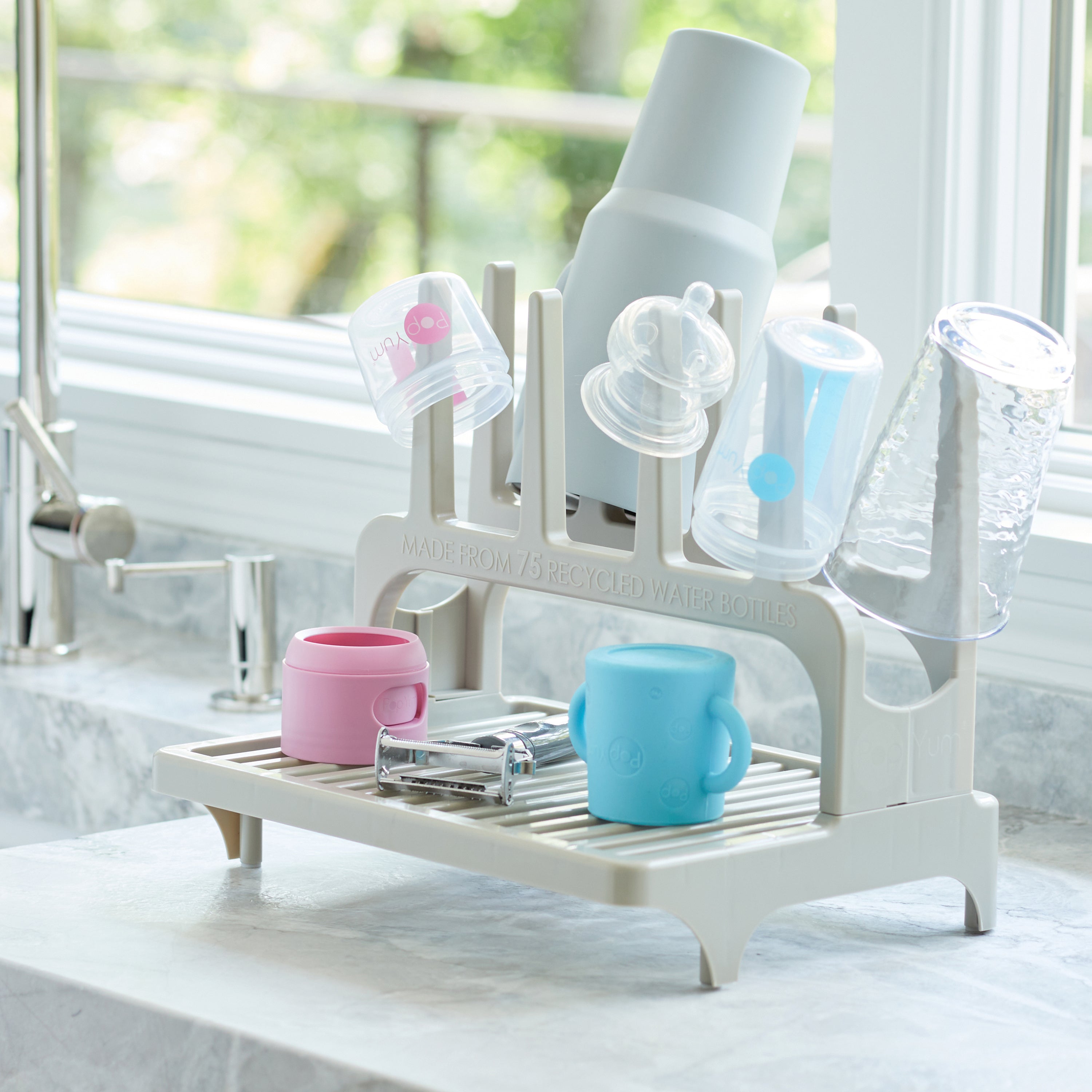 PopYum Orange Formula Making Baby Bottle 4-Pack Set with Gray Drying Rack Bundle