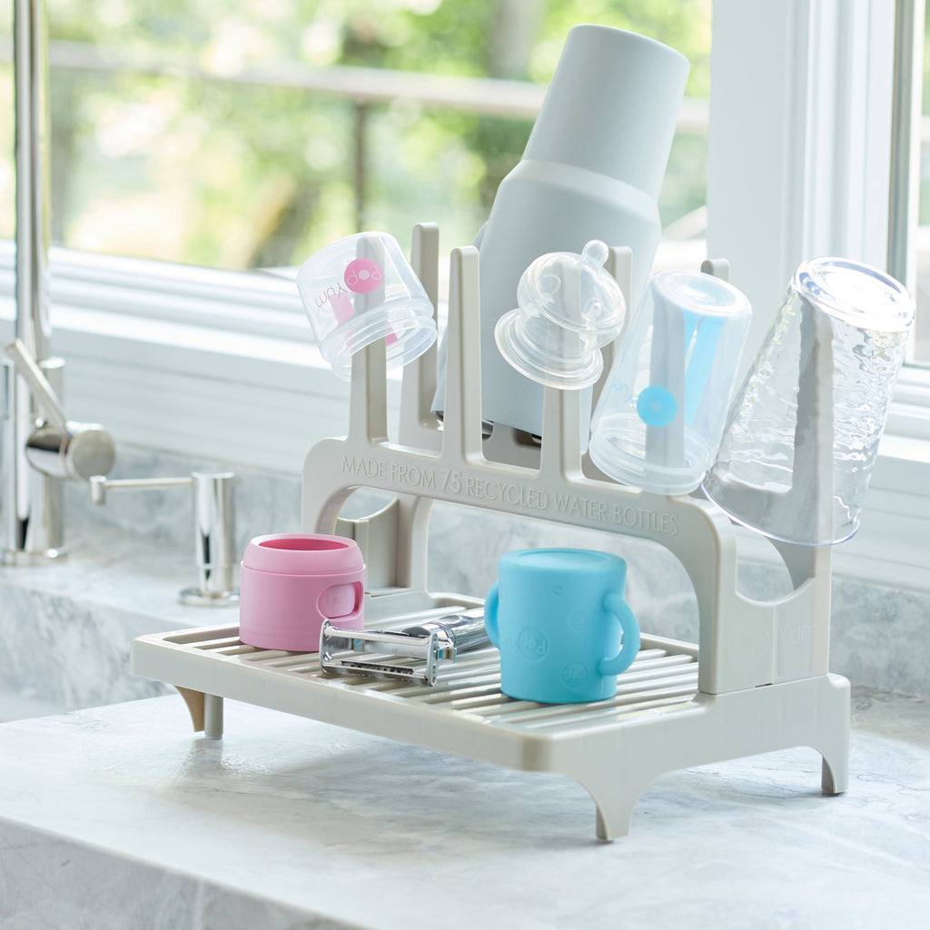 PopYum Pink Formula Making Baby Bottle 4-Pack Set with White Drying Rack Bundle