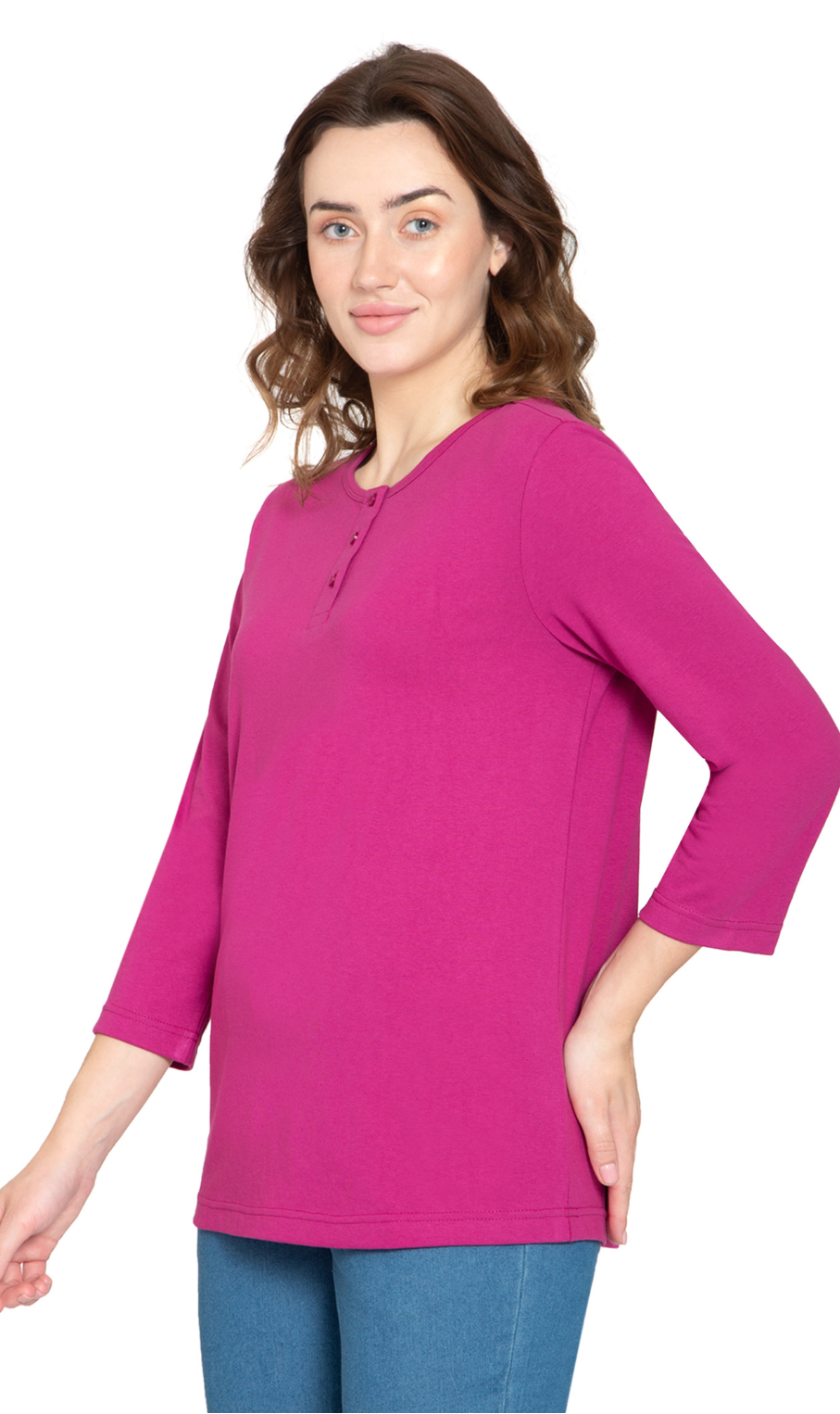 Women's 3/4 Sleeve Henley Top — Cotton Blend with Button Placket