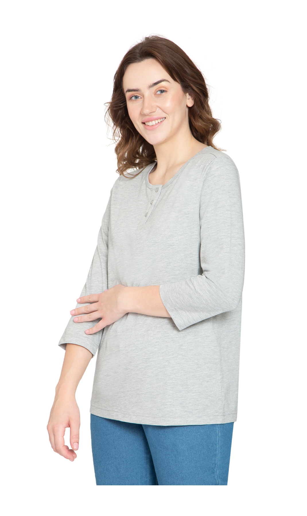 Women's 3/4 Sleeve Henley Top — Cotton Blend with Button Placket
