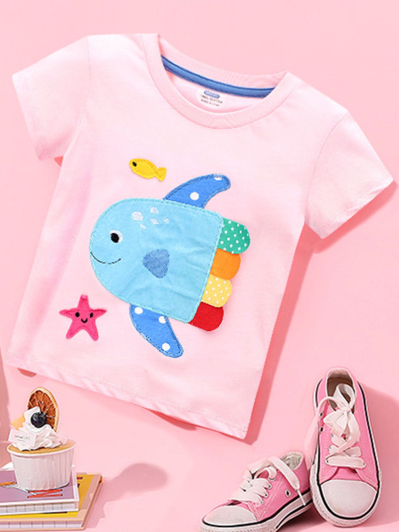 Children's Cartoon Fish Applique Short Sleeve T-Shirt