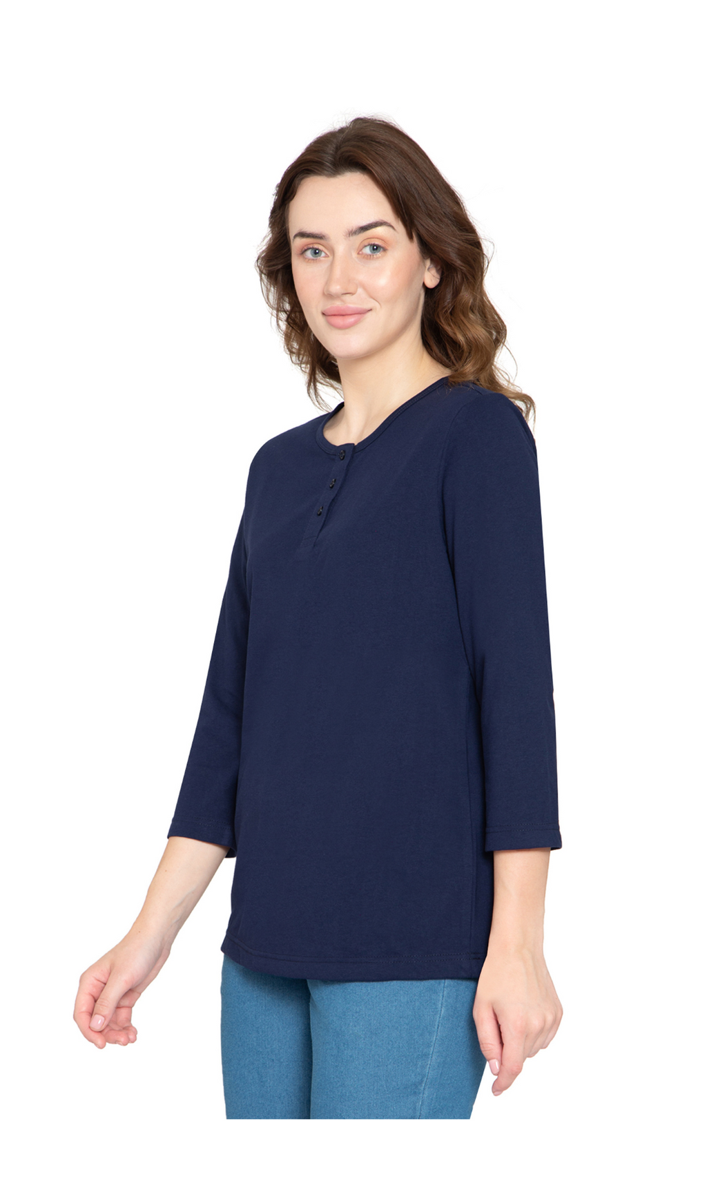 Women's 3/4 Sleeve Henley Top — Cotton Blend with Button Placket