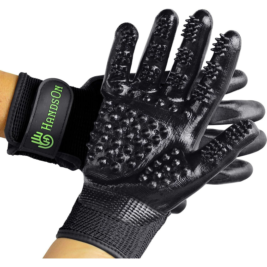 HandsOn Pet Grooming Gloves Gentle Brush for Cats Dogs Horses Black Small Size
