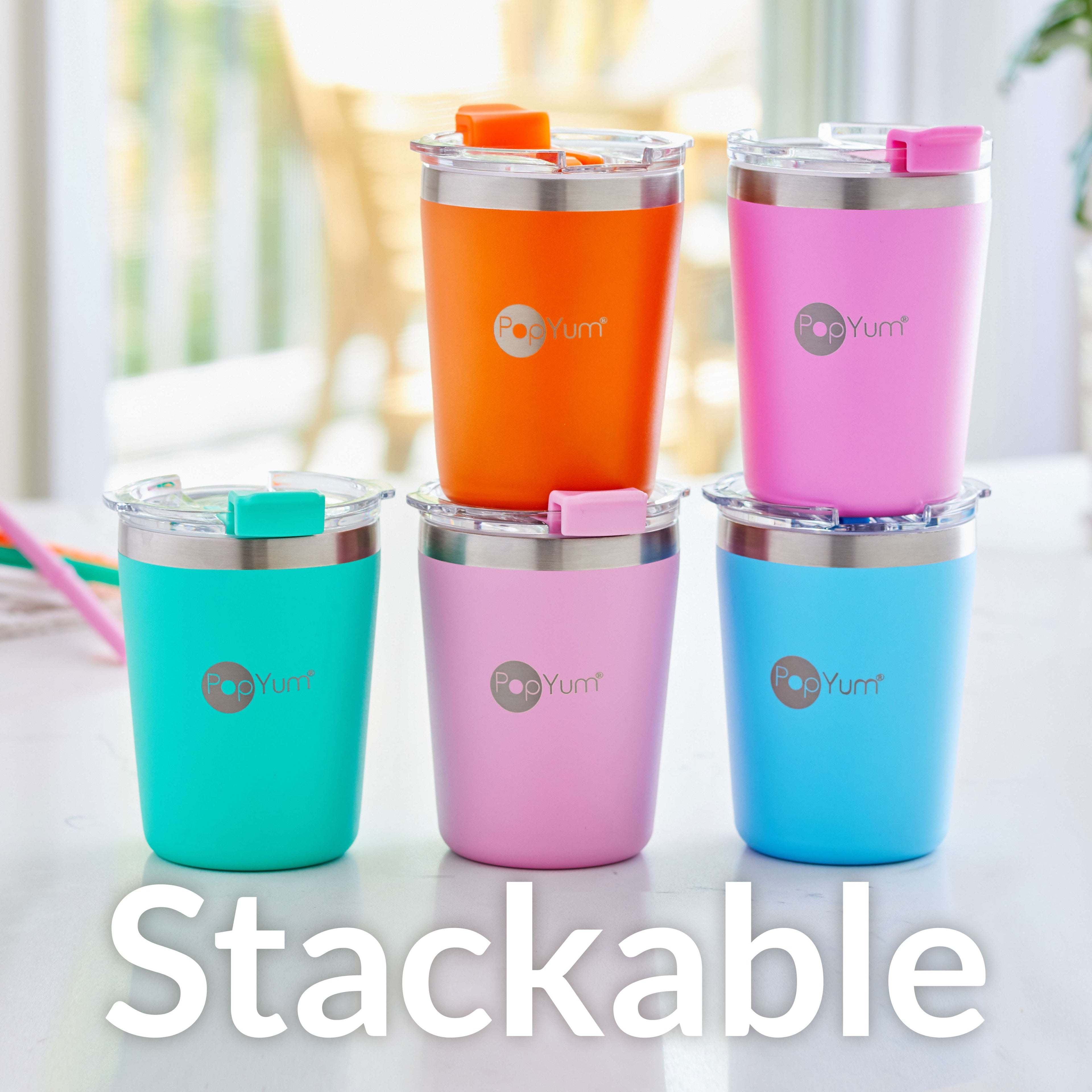 PopYum 9oz Insulated Stainless Steel Kids’ Cups with Lid and Straw, 2-Pack, Orange & Blue, stackable, sippy, baby, child, toddler, tumbler
