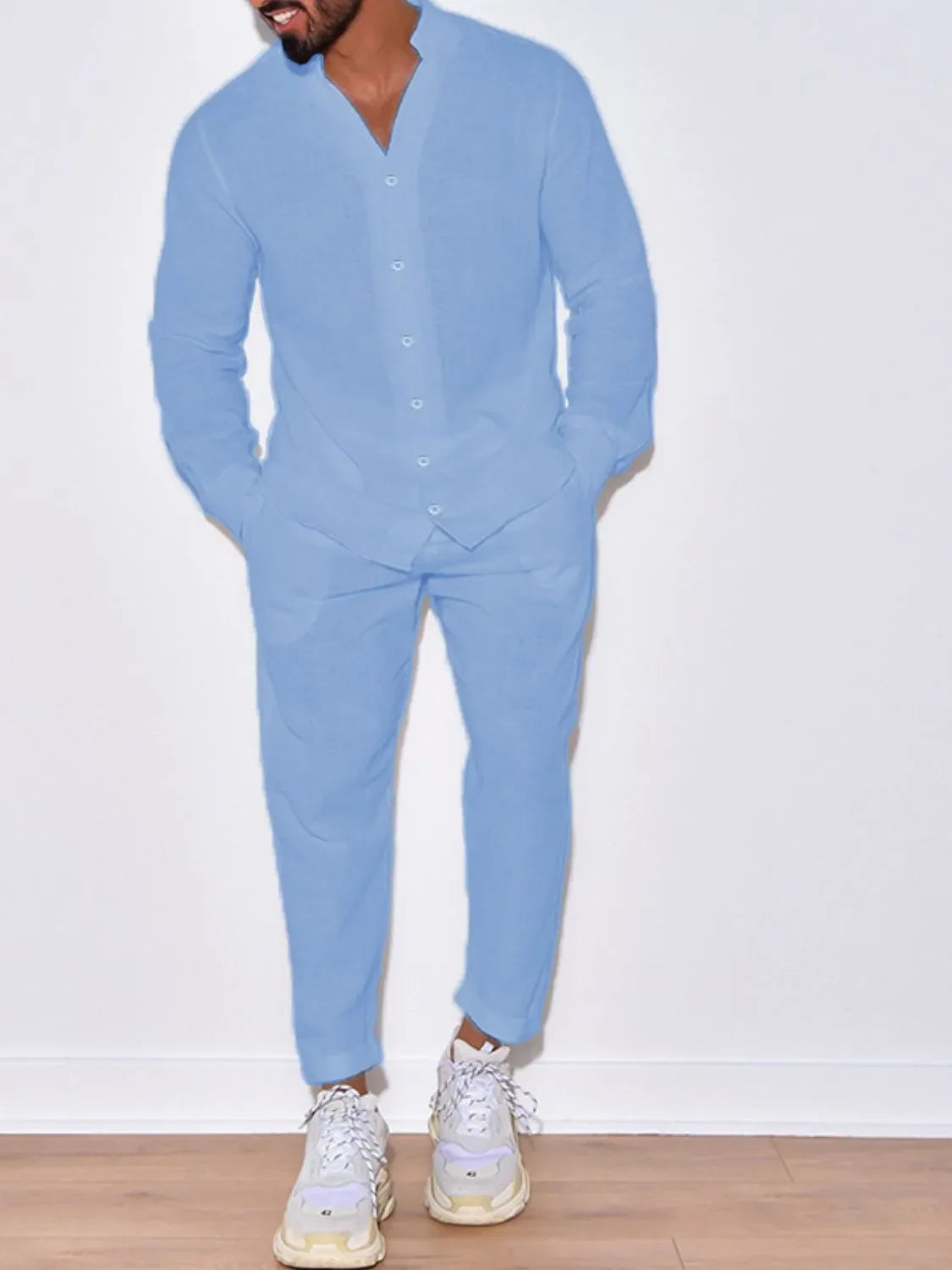 Men's Button Up Long Sleeve Top and Pants Set