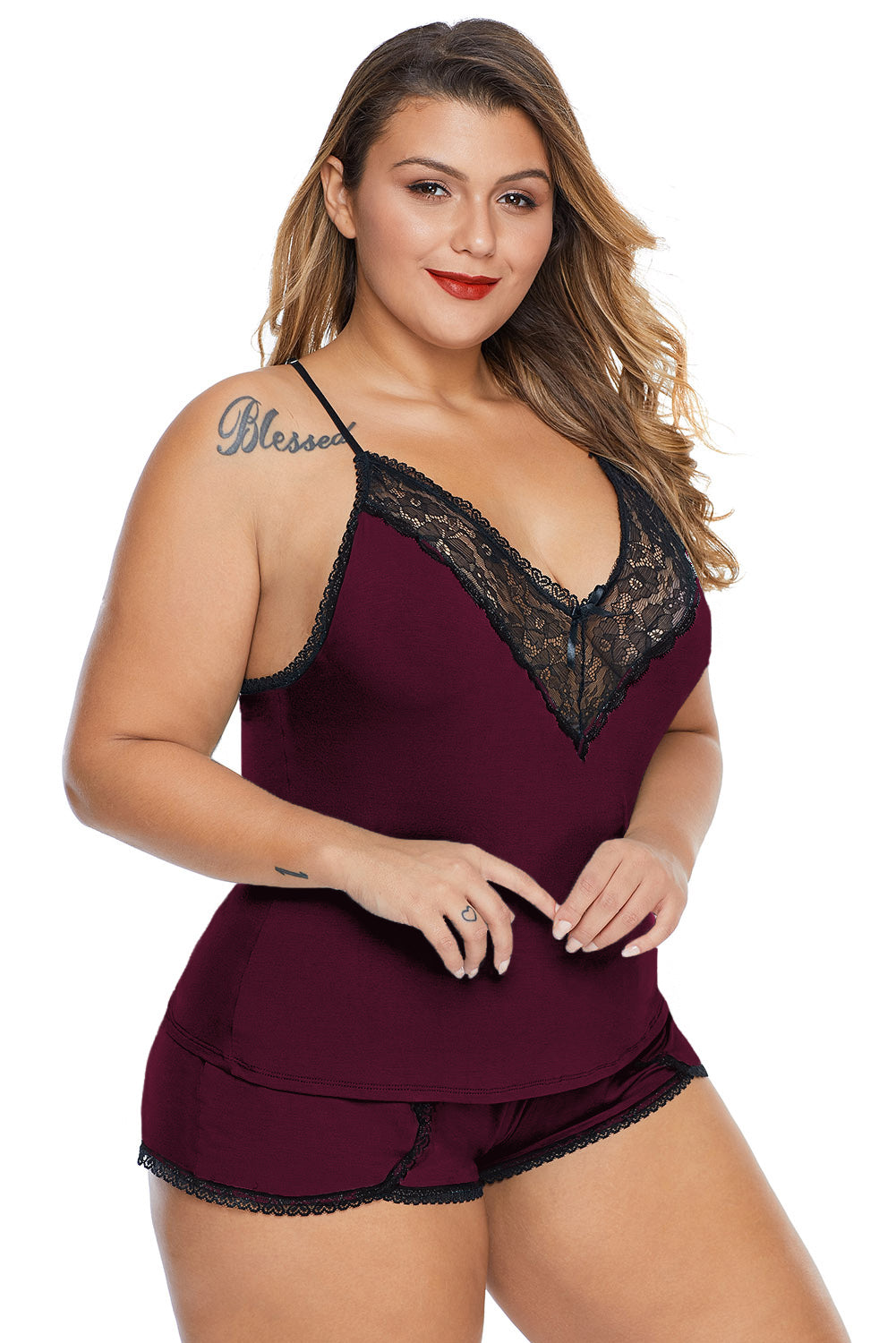 Wine Plus Size Pajamas Cami Shorts Set