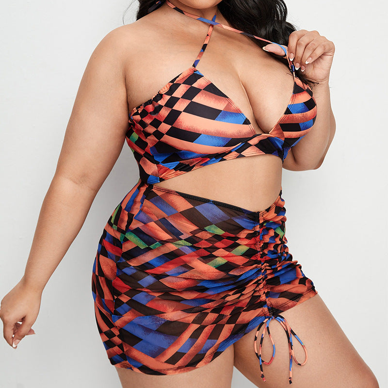 Plus Size Halter Strap Three-Piece Swimsuit