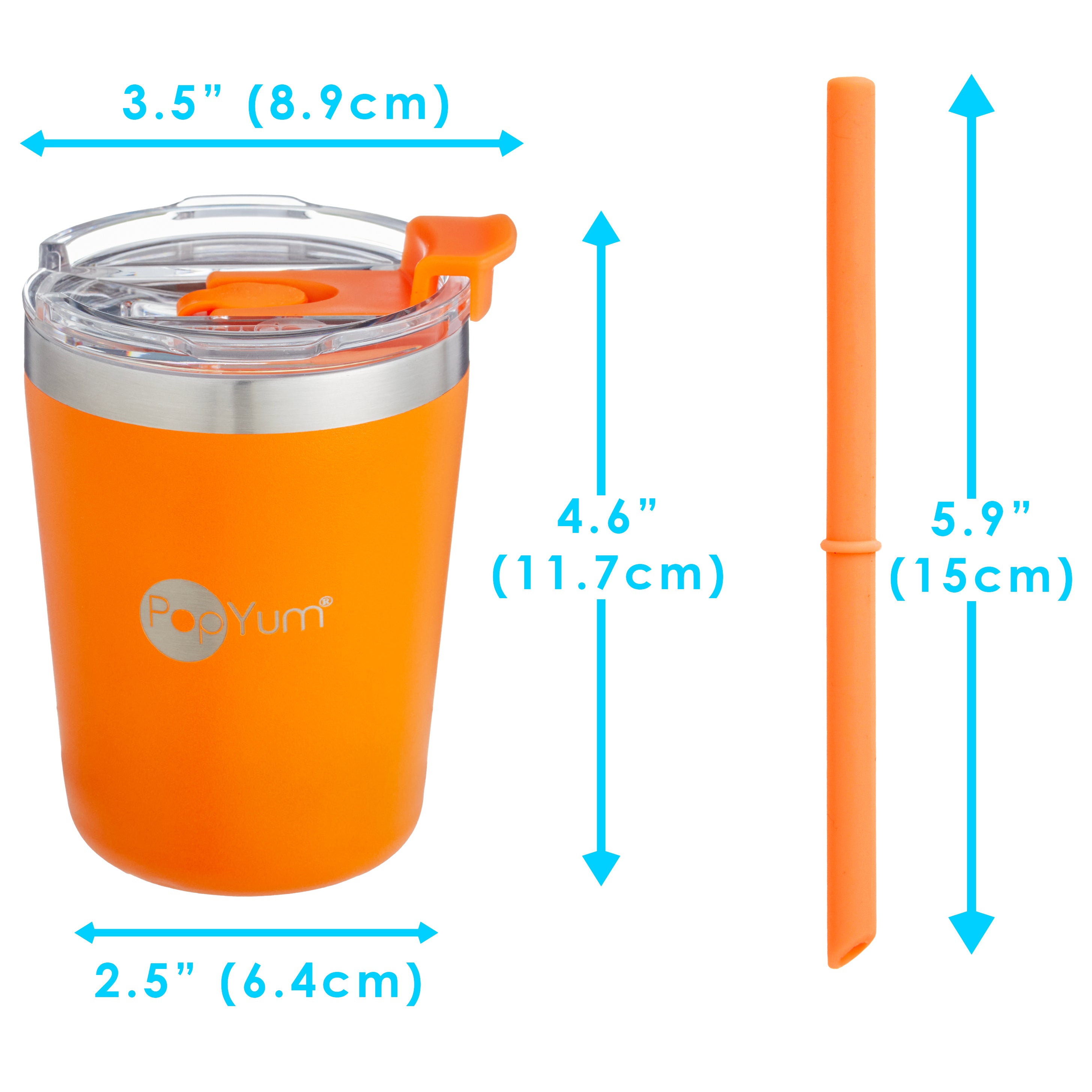 PopYum 9oz Insulated Stainless Steel Kids’ Cups with Lid and Straw, 2-Pack, Orange & Blue, stackable, sippy, baby, child, toddler, tumbler