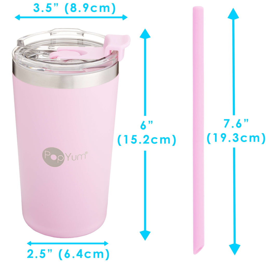PopYum 13oz Insulated Stainless Steel Kids’ Cups with Lid and Straw, 2-Pack, Green & Pink, stackable, sippy, baby, child, toddler, tumbler