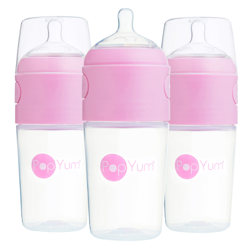PopYum 9oz Anti-Colic Baby Bottle for Breast and Formula Feeding, 3-Pack, Pink, #2 Medium Flow Nipples