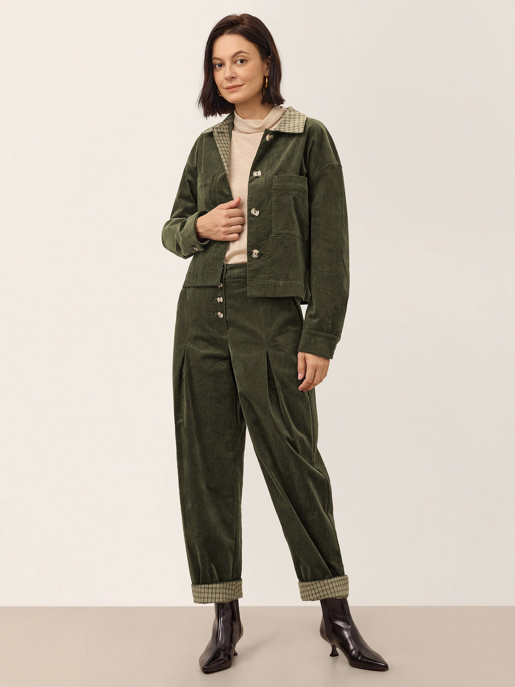 Cotton Lyocell Adjustable Button Mid Waist Tapered Ankle Pants ISOLABEL