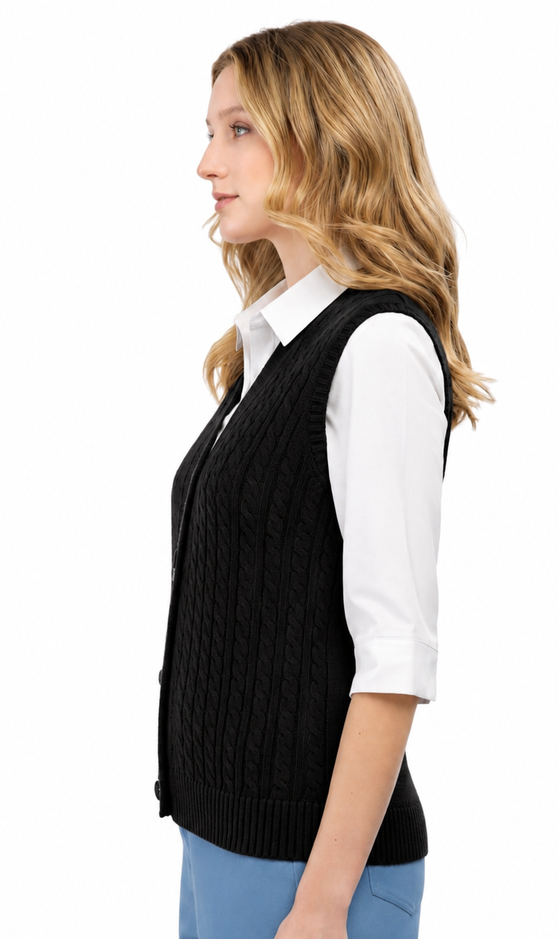 Women's Cable Knit Cardigan Sweater Vest — Button Front