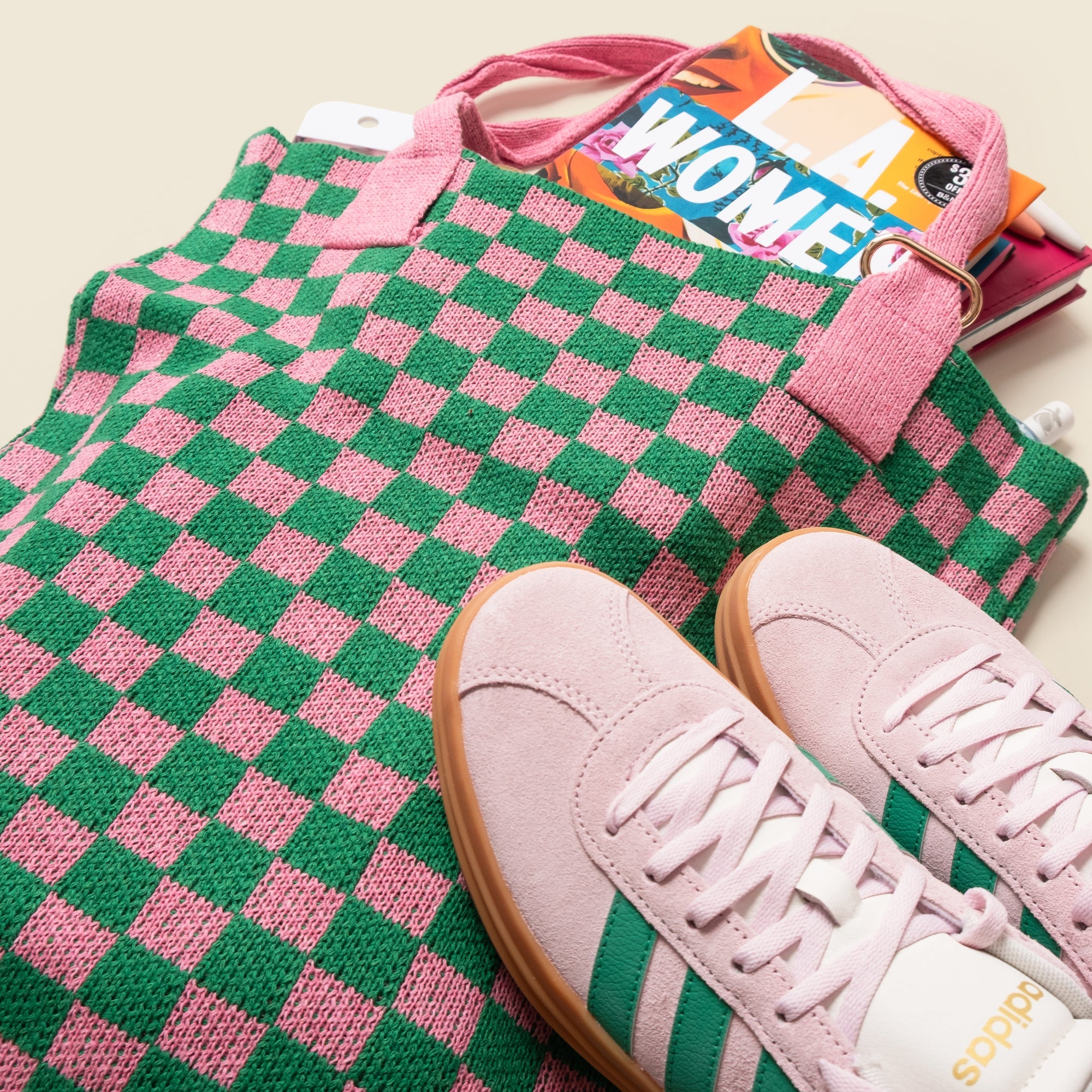Pink and Green Checkered Tote Bag - Washable Cotton Knit with Key Ring
