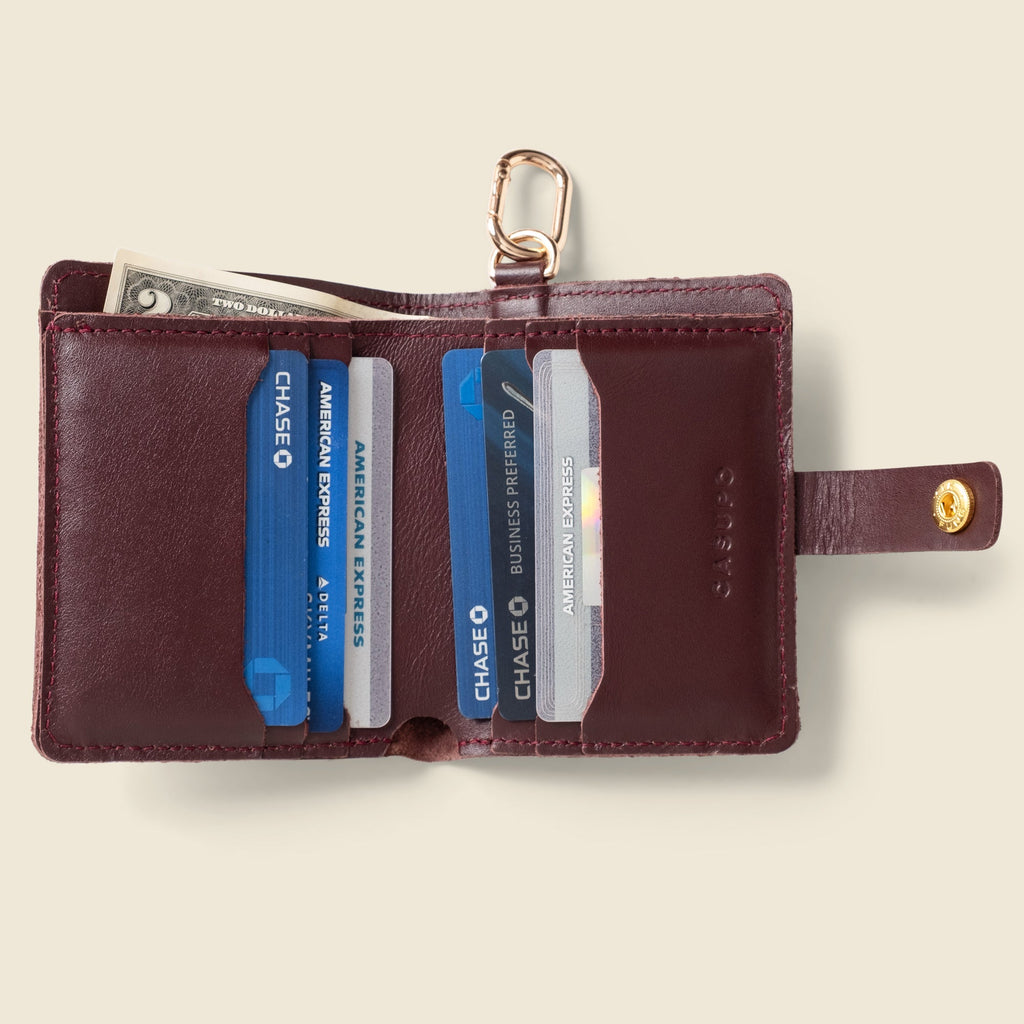 Leather Bifold Wallet with Snap & Key Ring - Burgundy