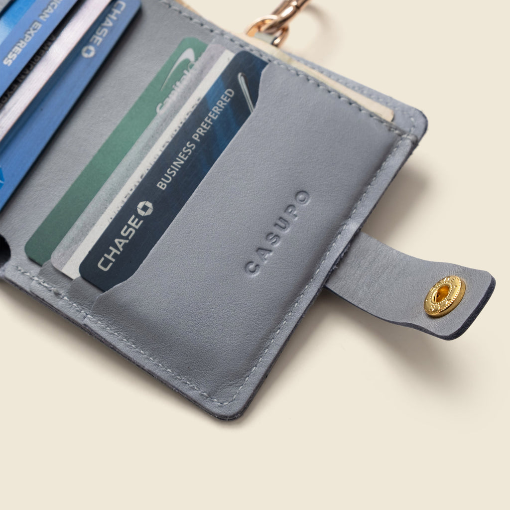 Leather Bifold Wallet with Snap & Key Ring - Ice Blue