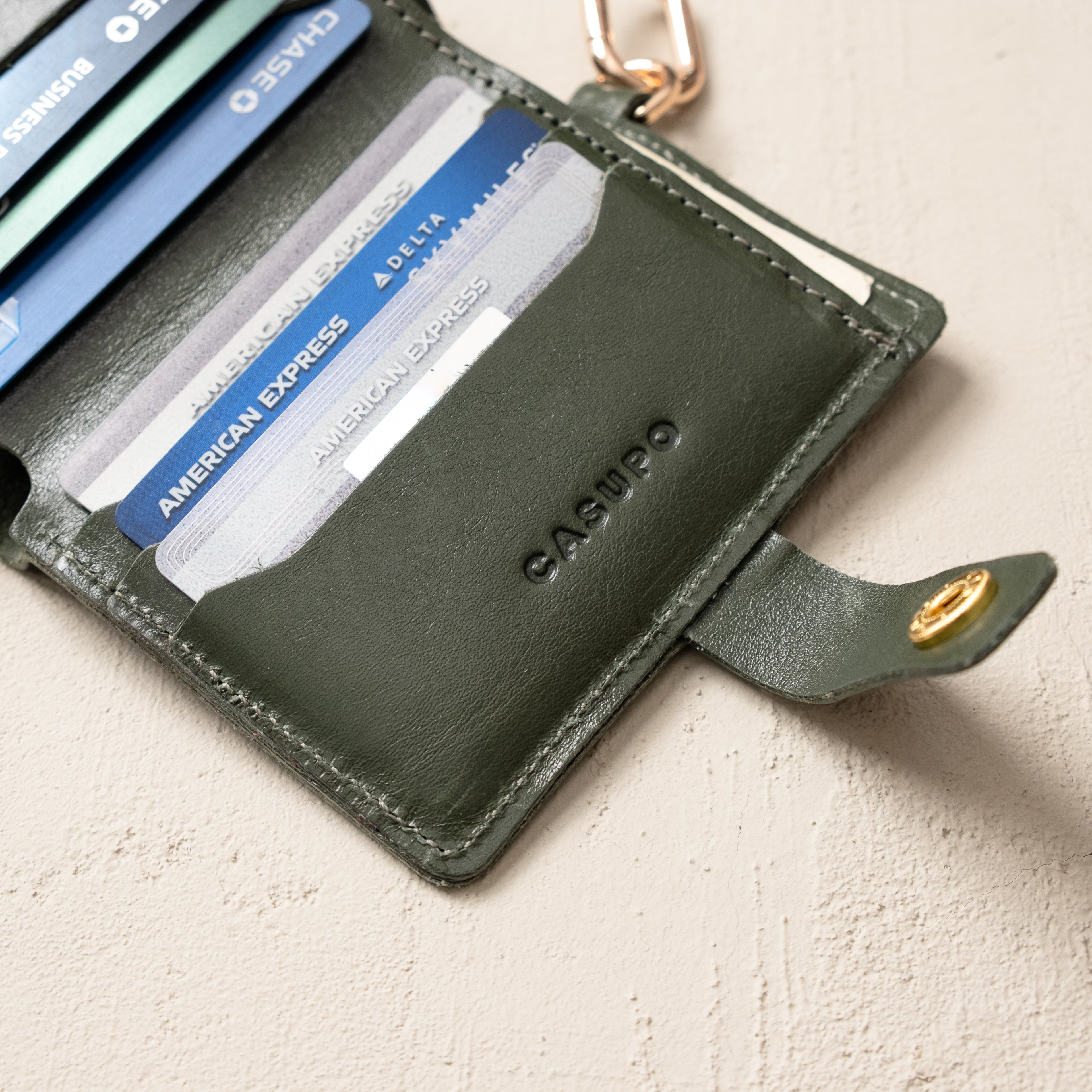 Leather Bifold Wallet with Snap & Key Ring - Olive