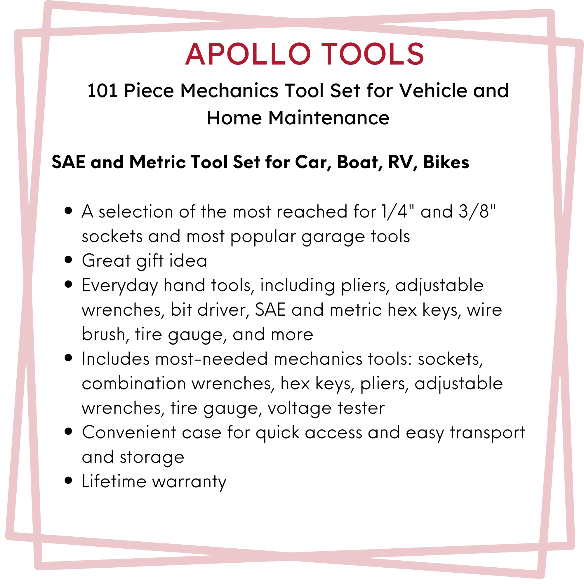 101 Piece Mechanic Tool Set for Vehicle and Home Maintenance, Roadside Emergencies. SAE and Metric Tool Set for Car, Boat, RV, Bikes - DT0006