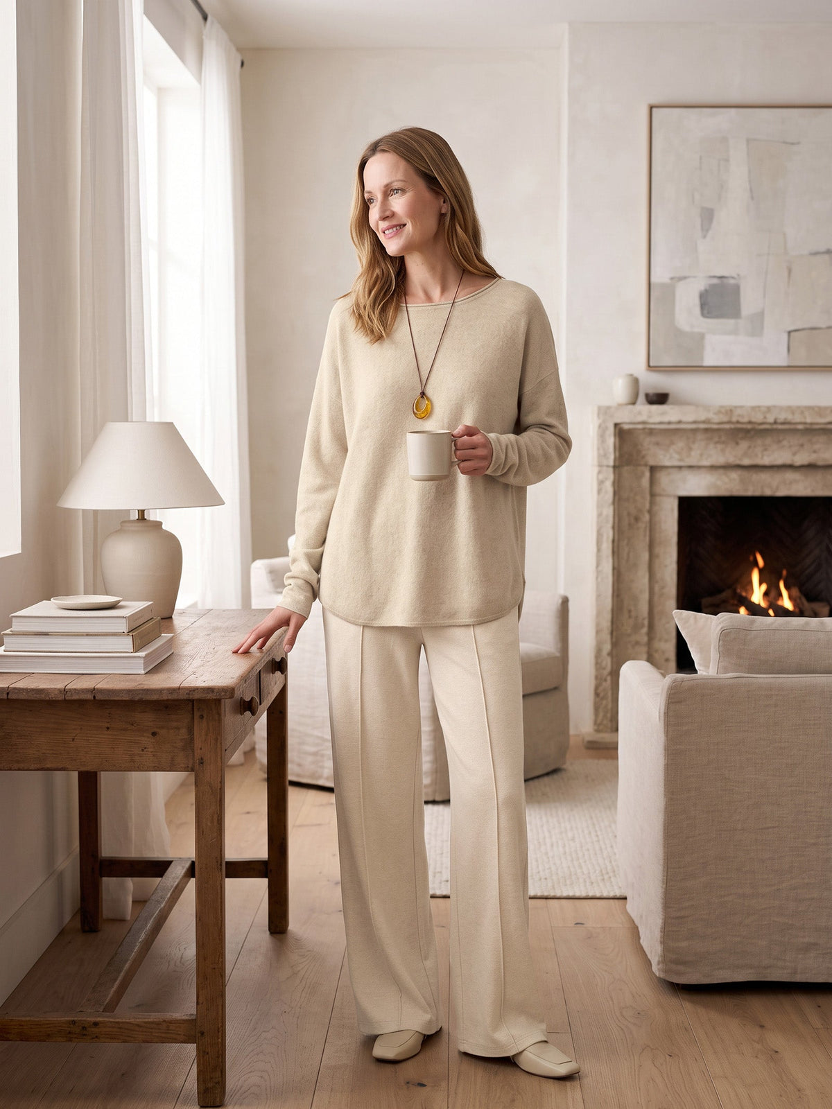 100% Mongolian Cashmere Hand-Finished Rolled Edge Knit Top AMARA