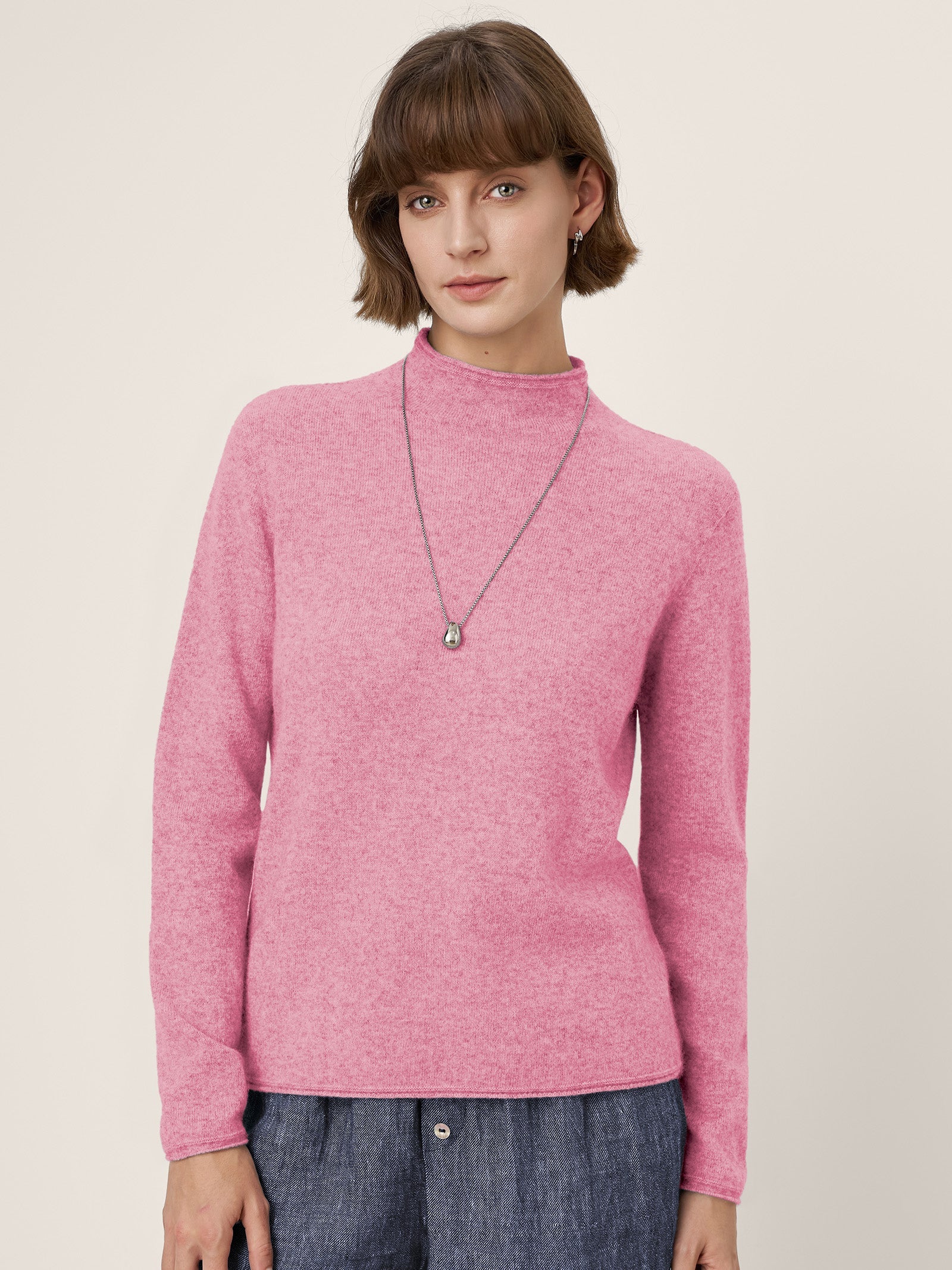 Premium Cashmere Blend Hand-Finished Seamless Mock Neck Lettuce Edge Sweater ZELIE