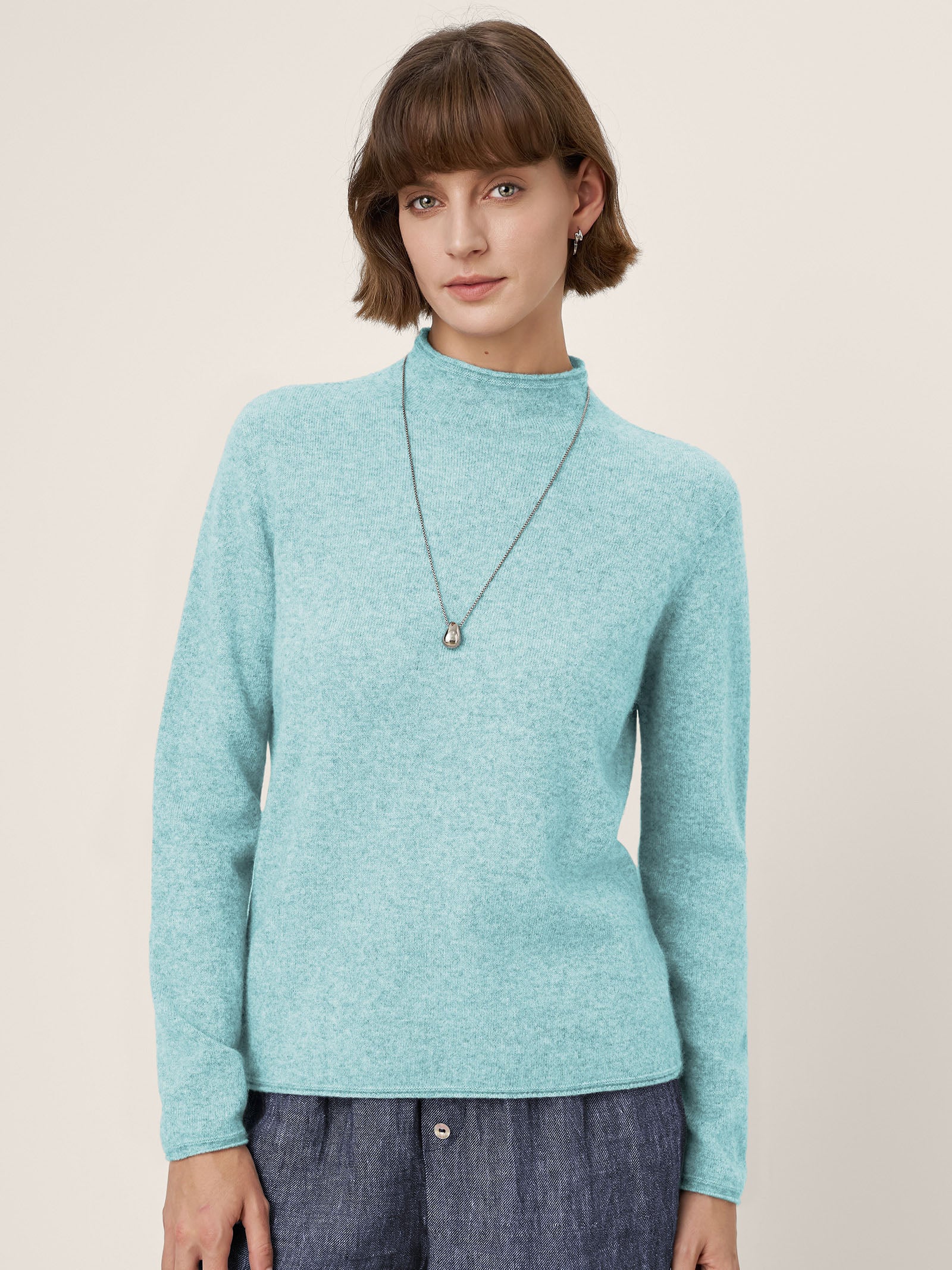 Premium Cashmere Blend Hand-Finished Seamless Mock Neck Lettuce Edge Sweater ZELIE